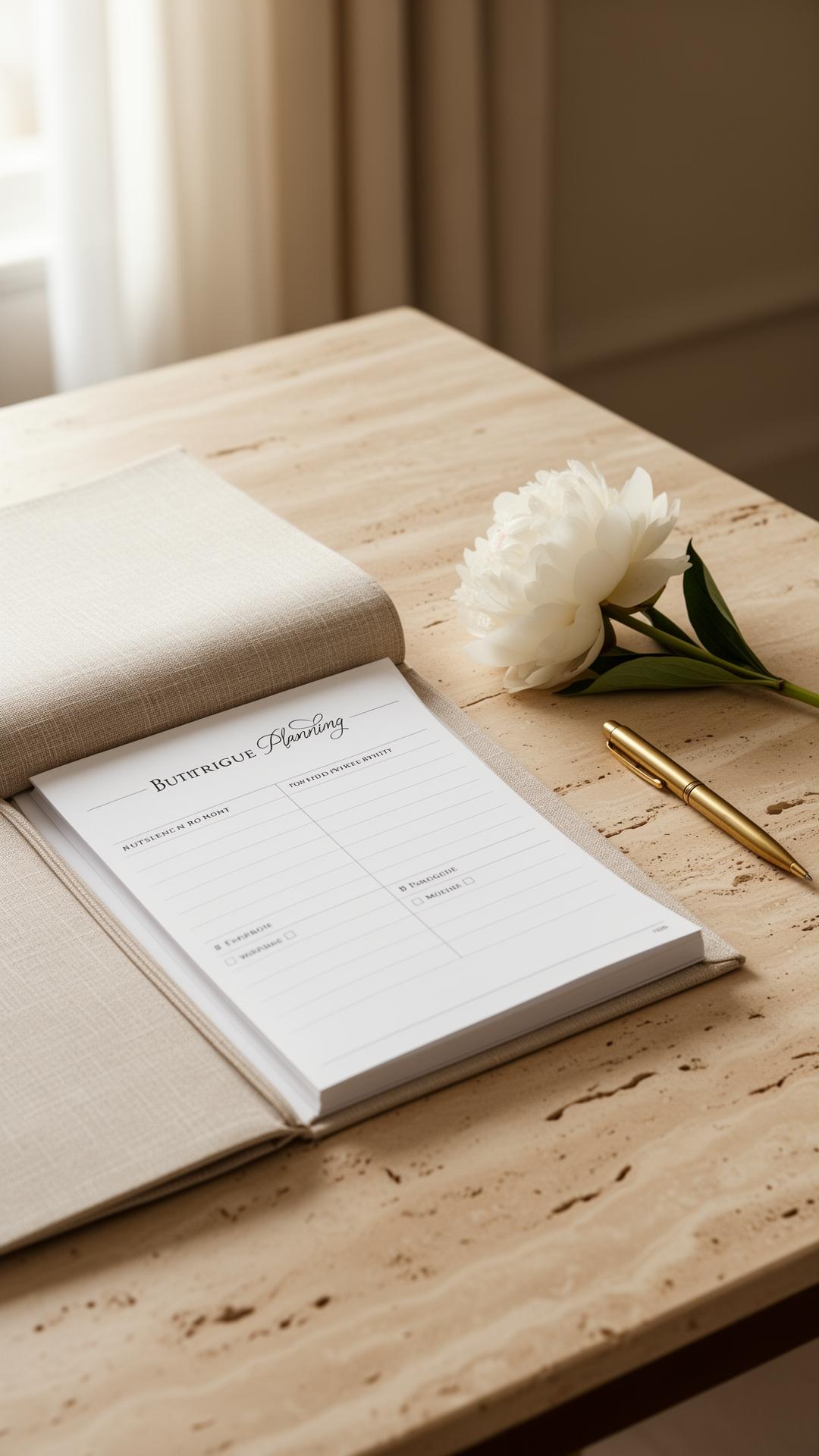 Caderno de planejamento sobre mesa de travertino