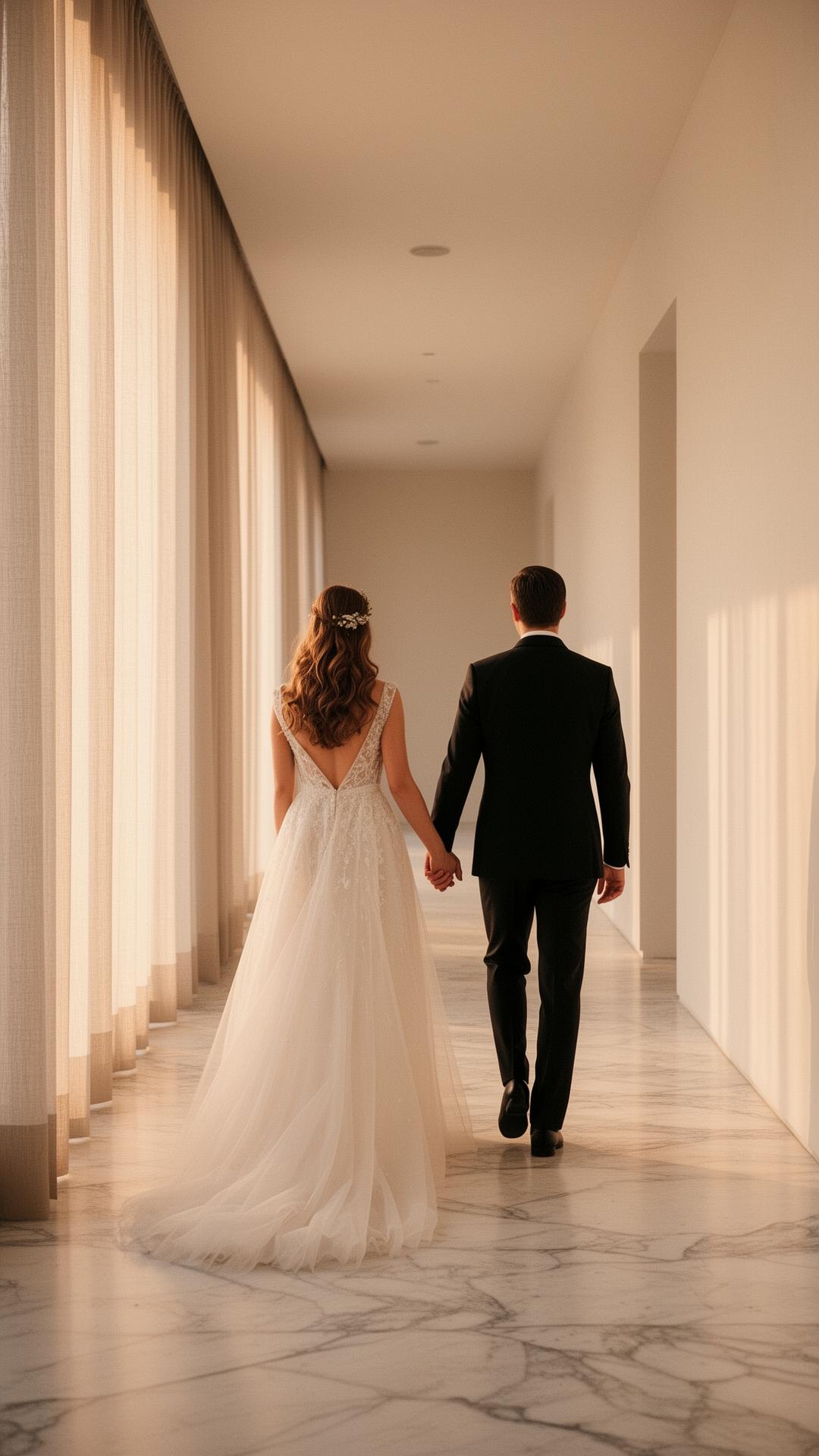 Casal caminhando por corredor de mármore com luz suave
